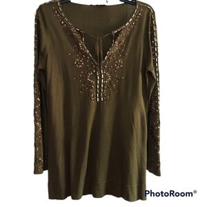 Adrienne Vittadini Olive Gold Studded V Neck Silk Tunic M